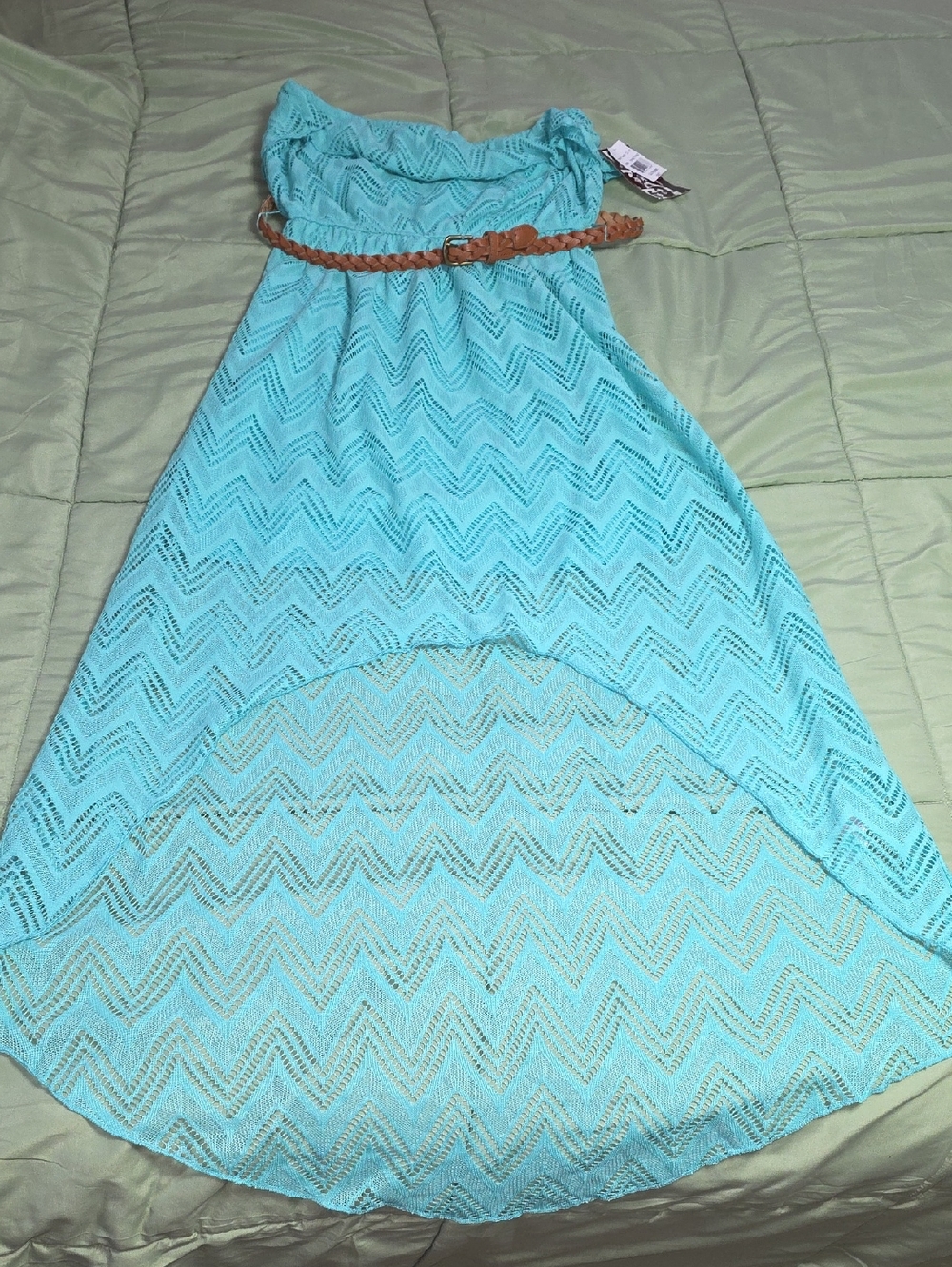 Trixxi Mint Strapless Crochet Detail Dress with Braided Accent